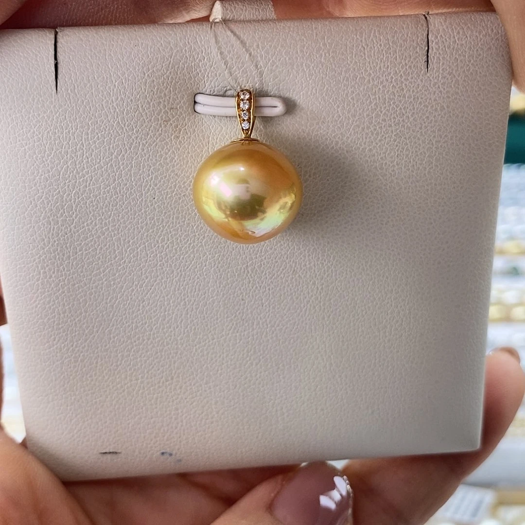 海水珍珠吊坠(不含链)18K金镶嵌南洋金珠13-14m m