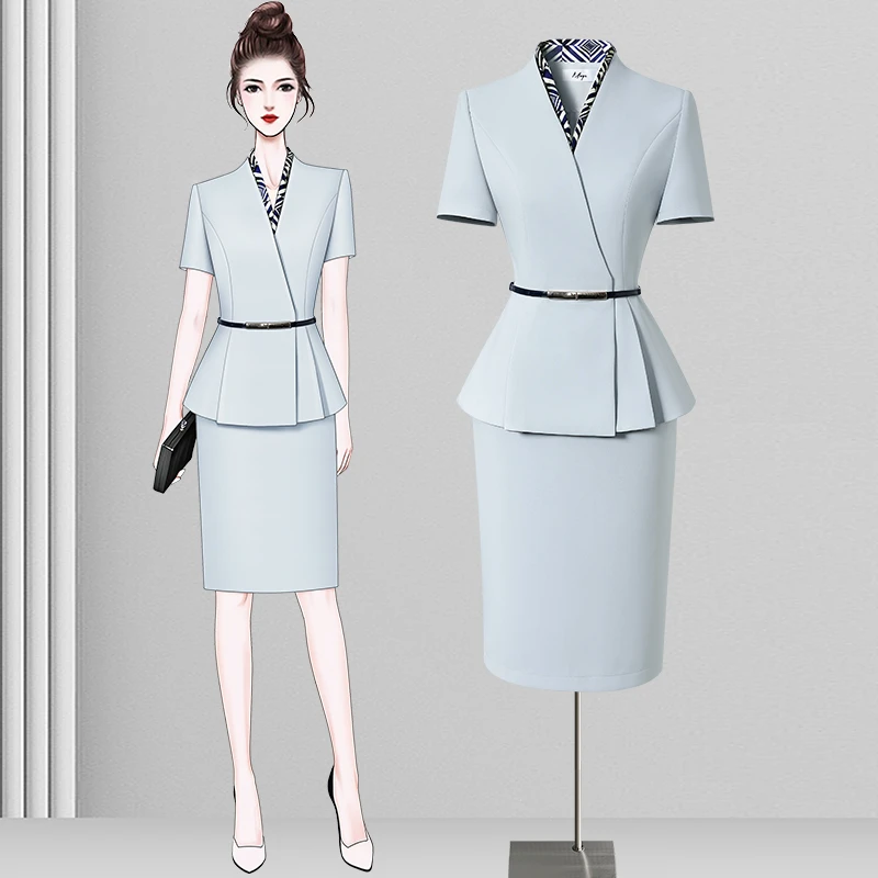 西装美容师通勤短袖空姐暗扣气质商务西装套装时尚高端轻奢名媛