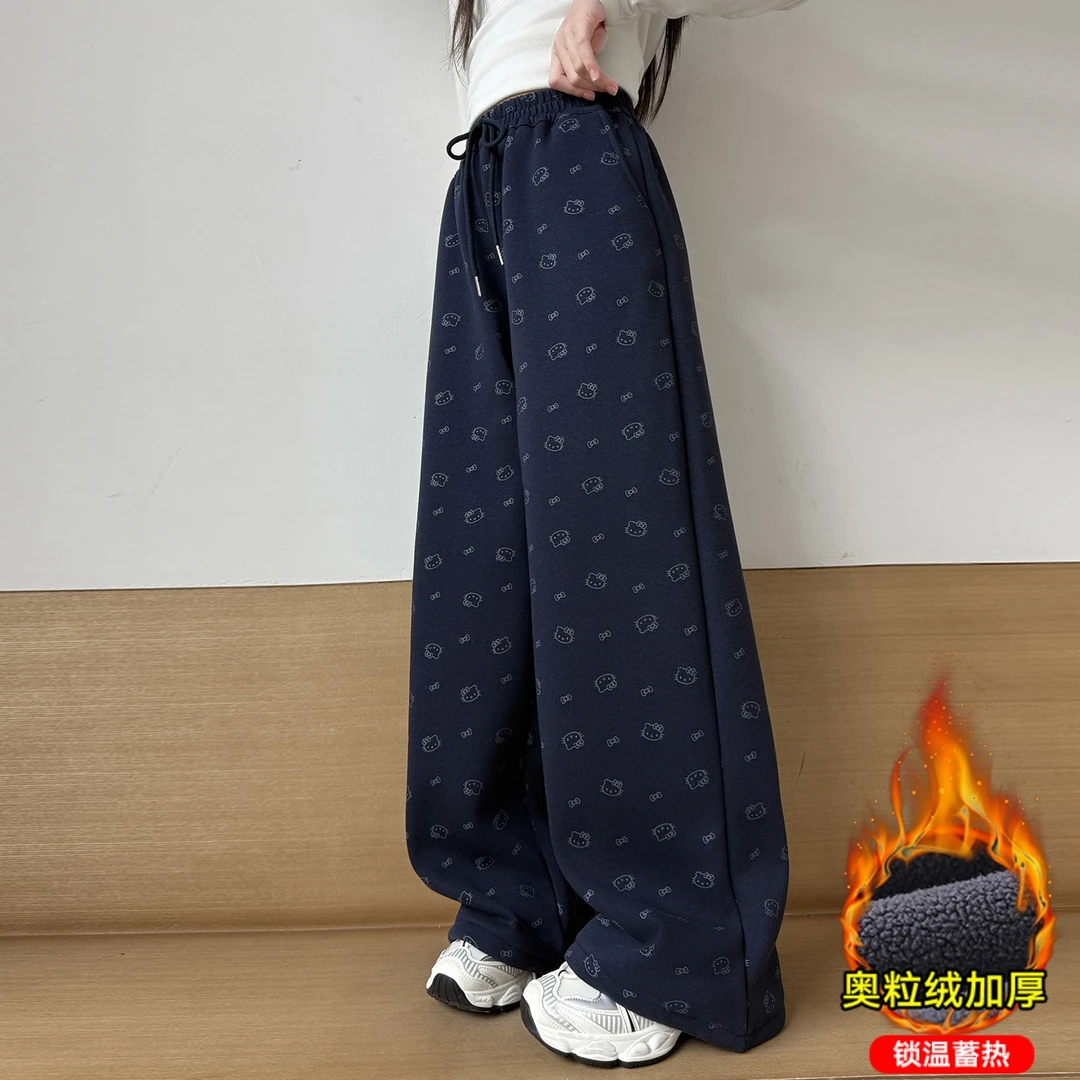 女童直筒加绒休闲裤新款儿童中大童女孩阔腿秋冬一体加厚运动卫裤