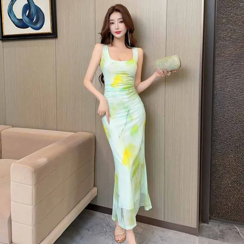 女神范方领网纱印花性感连衣裙夏季时尚名媛无袖气质包臀背心长裙