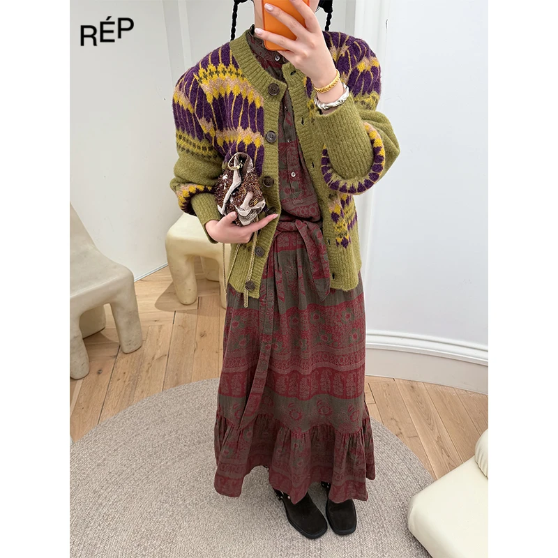 REP-ANTIK BATIK设计师品牌黄/绿色针织宽松袖开衫 25FW新品