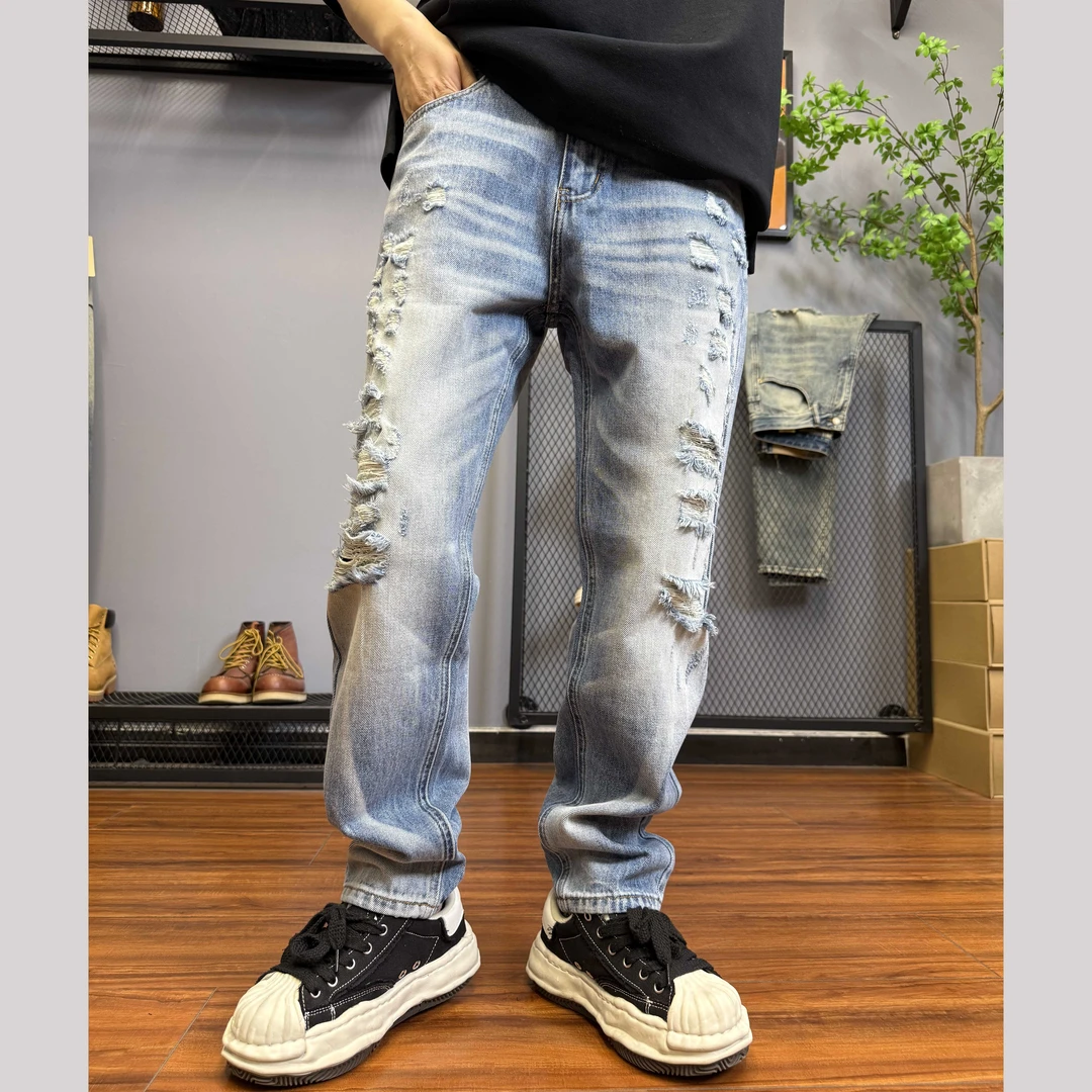 春夏2025潮款刮烂破洞复古水洗男士牛仔裤高街痞帅宽松锥形C9038