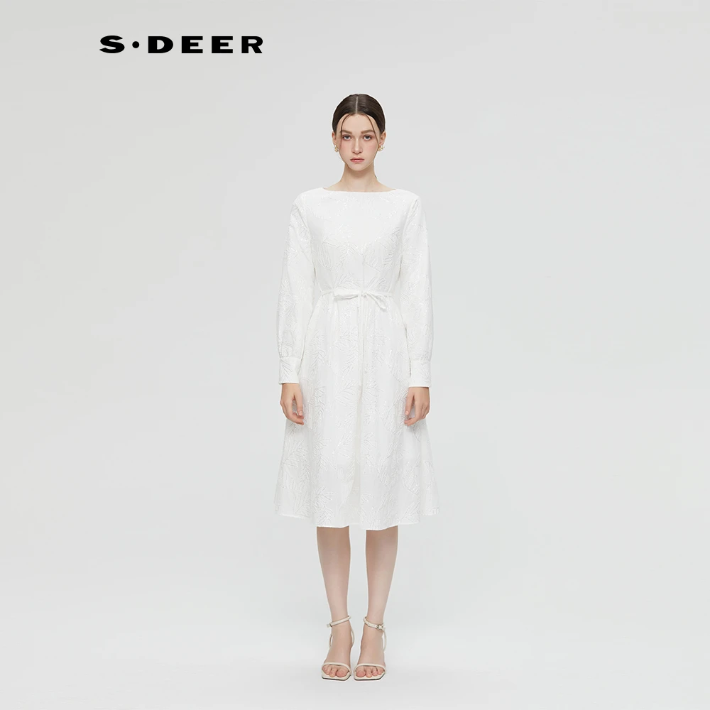 S·DEER圣迪奥女装显瘦气质长袖白色时尚法式收腰连衣裙S253Z1298