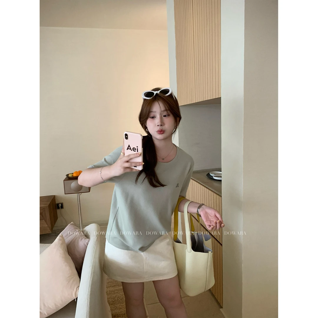 现货大婉酱微胖定制低饱和度马卡龙T恤春季毛织百搭显瘦上衣6748D