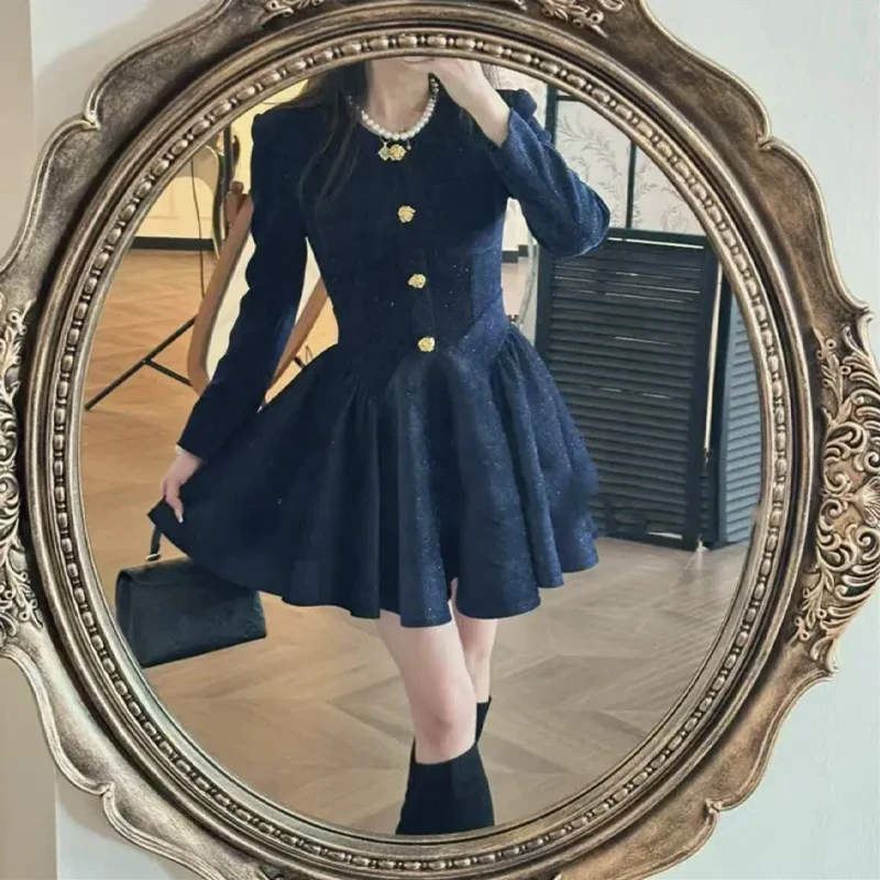 GJ高级感圆领连衣裙女春季小香风气质名媛收腰百褶长裙D0122