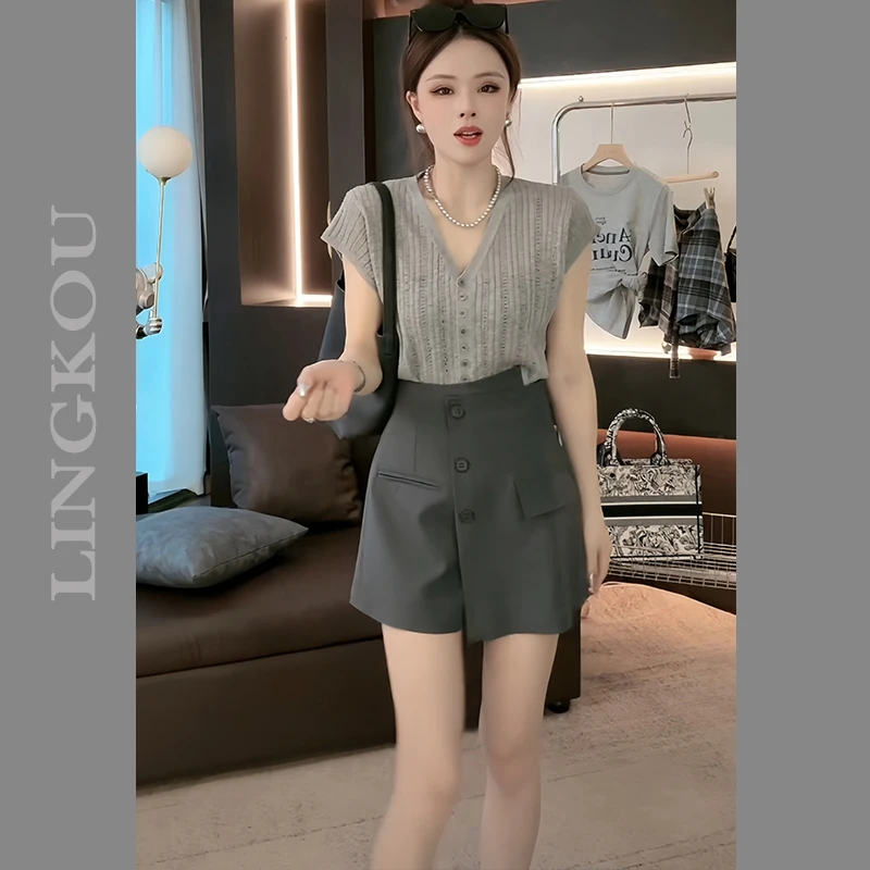 夏季穿搭一整套女2025新款时尚针织短袖上衣配气质显瘦裙裤两件套