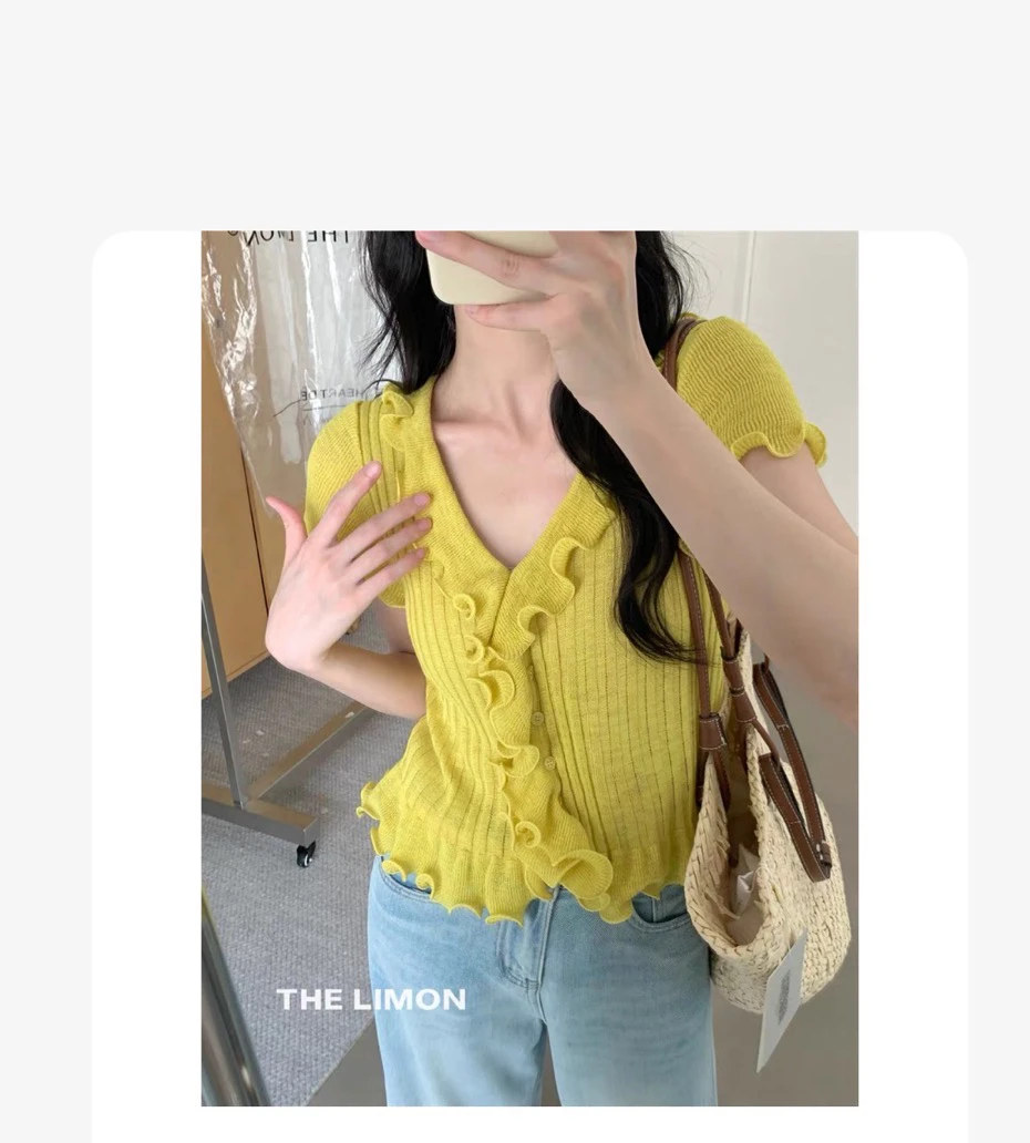 韩系时尚气质修身显瘦木耳边V领短袖夏季新款氛围感甜辣针织小衫