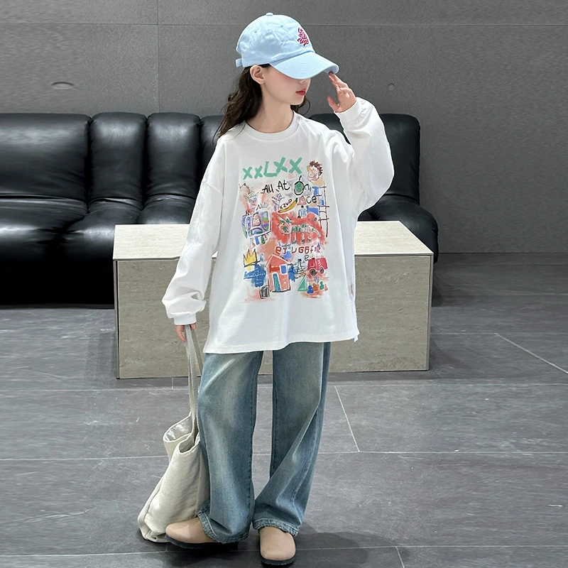 女童春秋中长款T恤卫衣儿童时尚宽松上衣2025新款春装打底衫套装