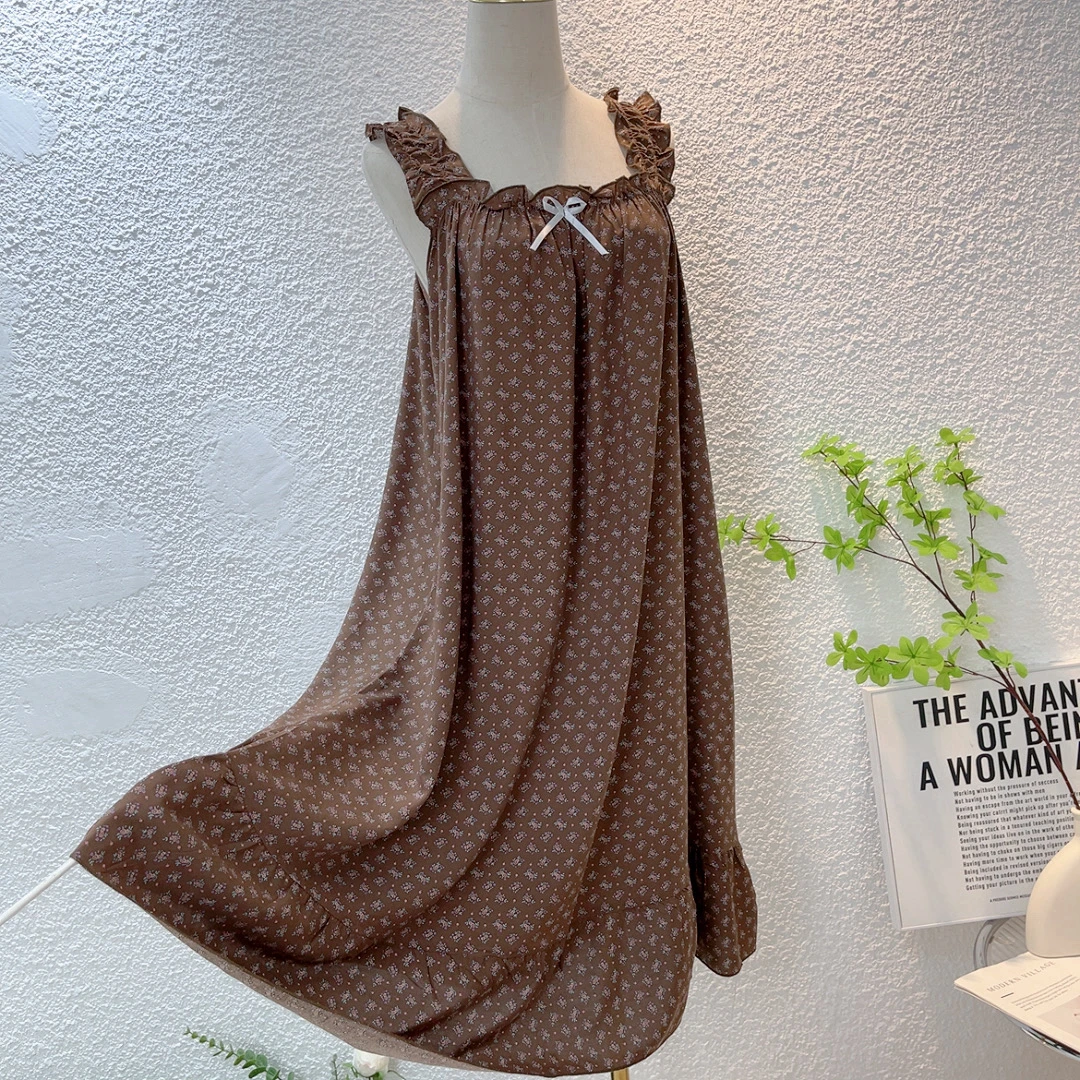 清夏季人造棉棉绸宽肩带睡裙女薄款短裙甜美无袖家居服大码