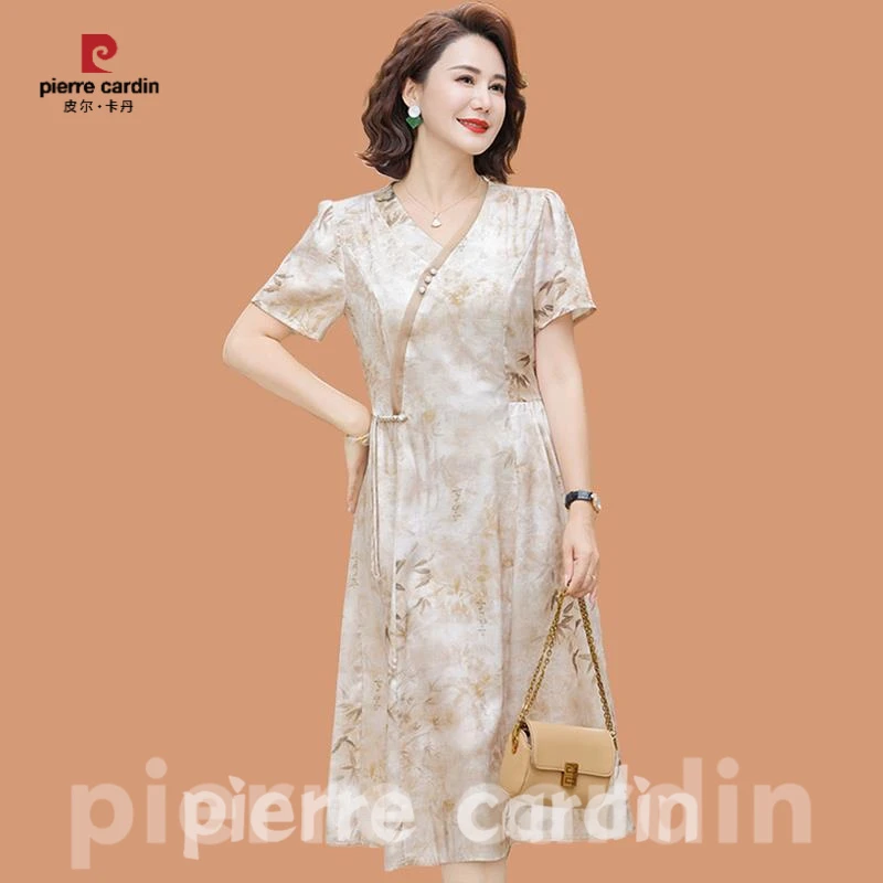 皮尔卡丹新中式妈妈连衣裙夏季国风雪纺裙洋气中老年女装夏装短袖