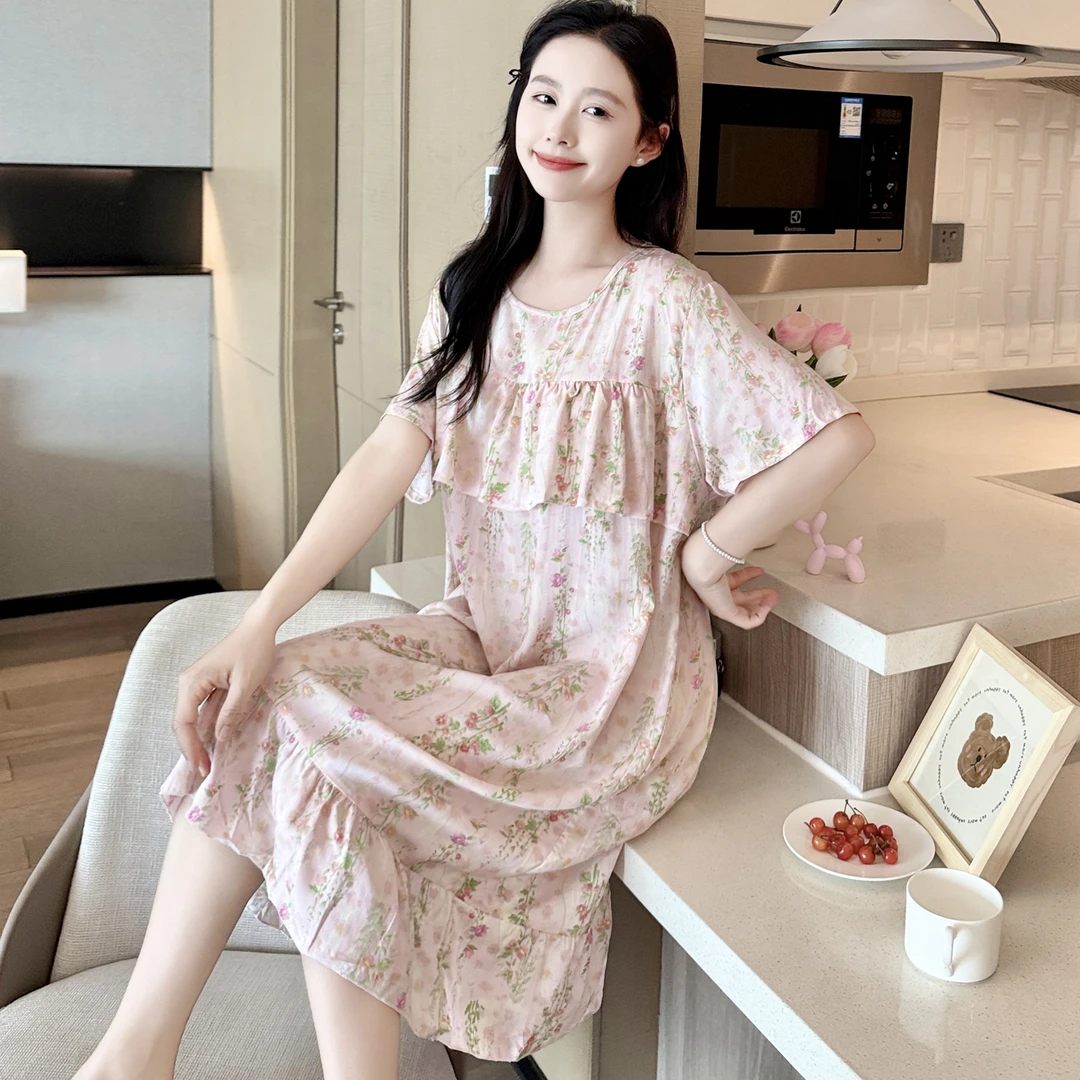 防凸点棉绸睡裙女夏短袖绵绸睡衣妈妈人造棉连衣裙孕妇薄裙子大码