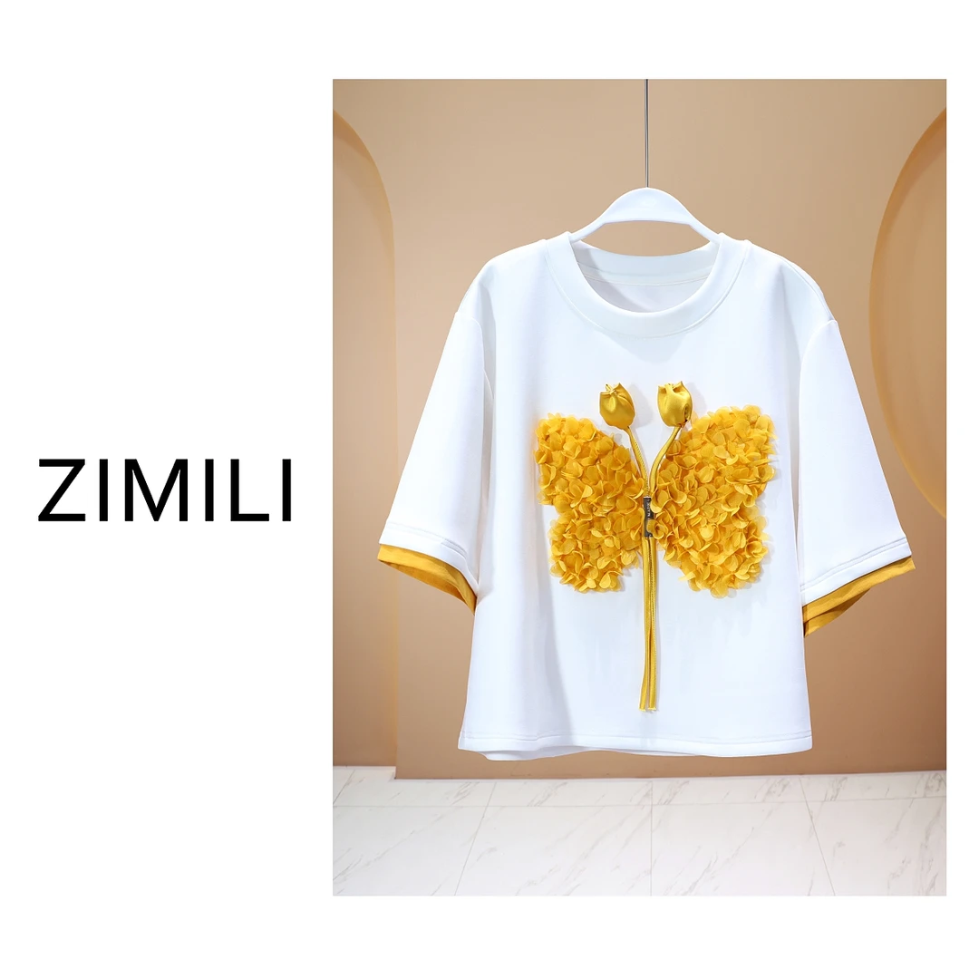 【子秋女装】冰凉一夏月光白撞金叶黄盘花圆领时尚休闲短款T恤7916