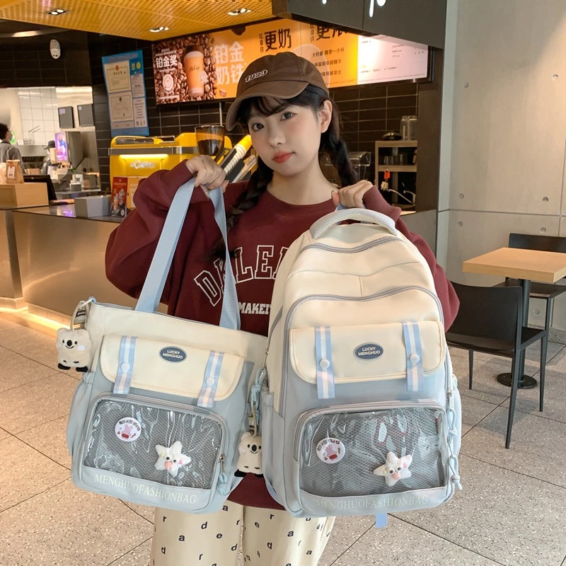 透明书包女ins小清新学生单肩包 大容量学院风撞色双肩包