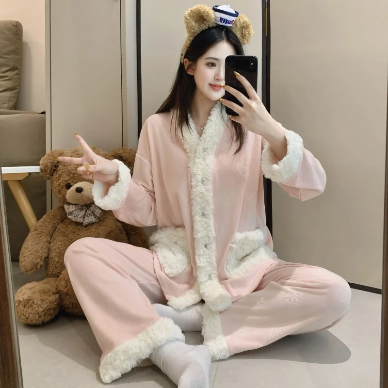 秋冬季压花海岛绒睡衣女士甜美保暖绒毛边开衫长袖粉色家居服套装