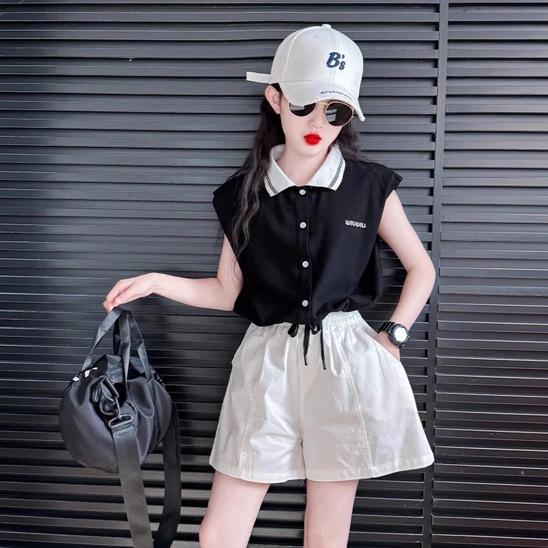 女孩网红炸街t恤套装2025新款女童短袖儿童夏装女大童白色短裤