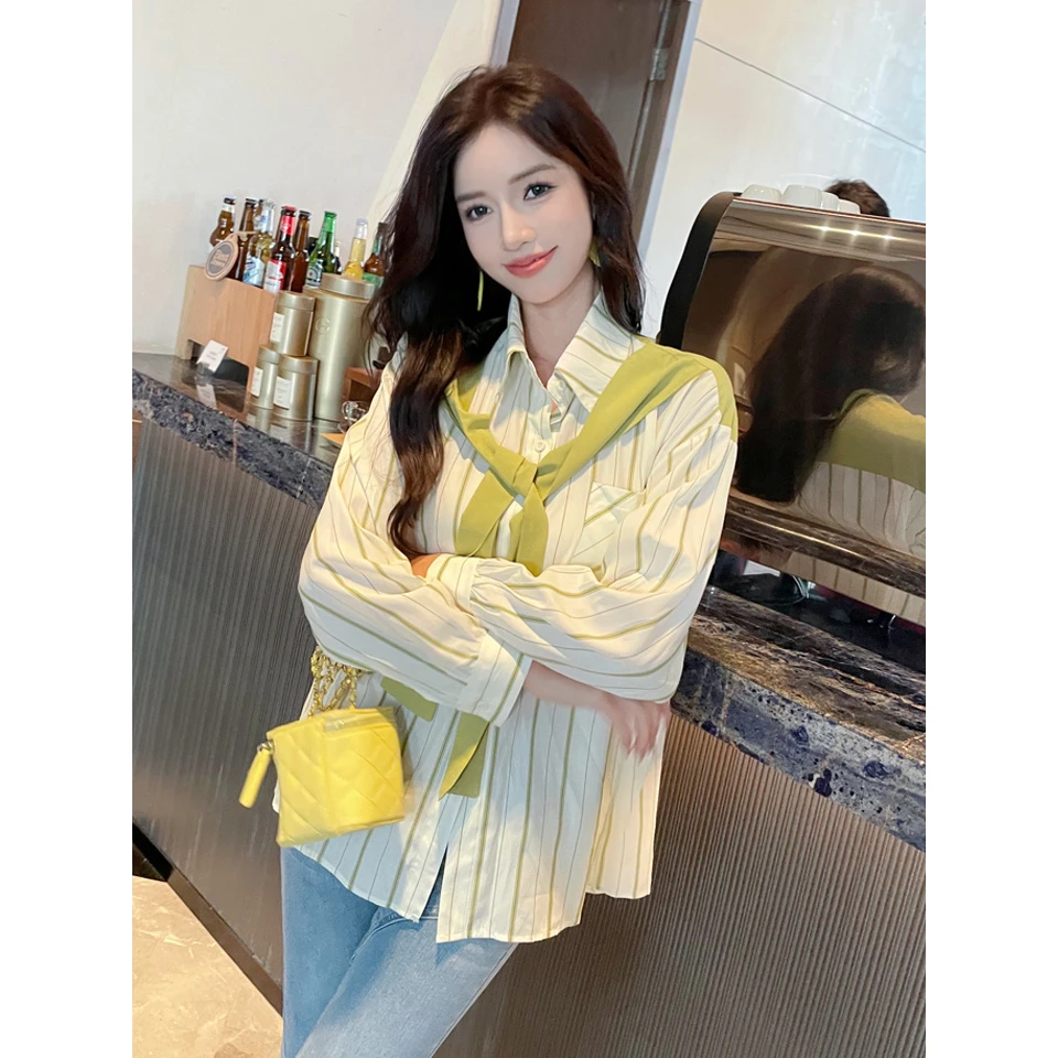 春装港味宽松条纹长袖衬衫女别致职业衬衣小众披肩上衣拼接设计感