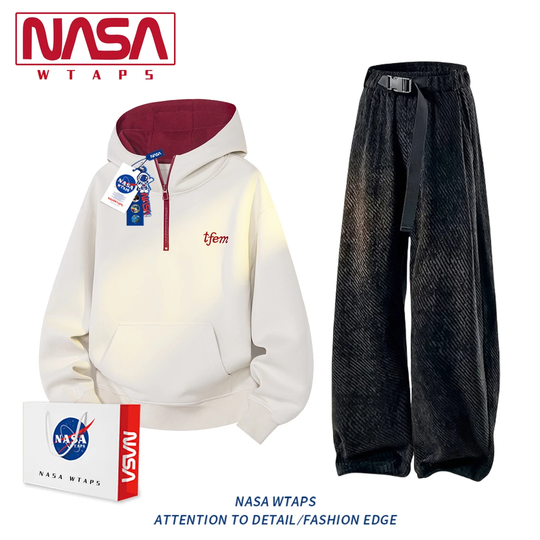 NASA WTAPS撞色拼接半拉链连帽卫衣套装男款春秋季高级感休闲套装