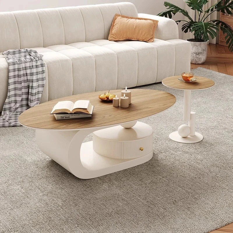 奶油风茶几北欧简约小户型客厅家用极简设计师椭圆形岩板茶几组合