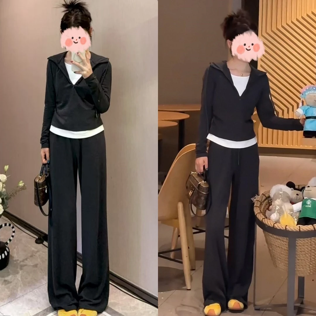 2025年秋季新款慵懒风休闲时尚半拉链假两件套装显瘦显高时尚裤子