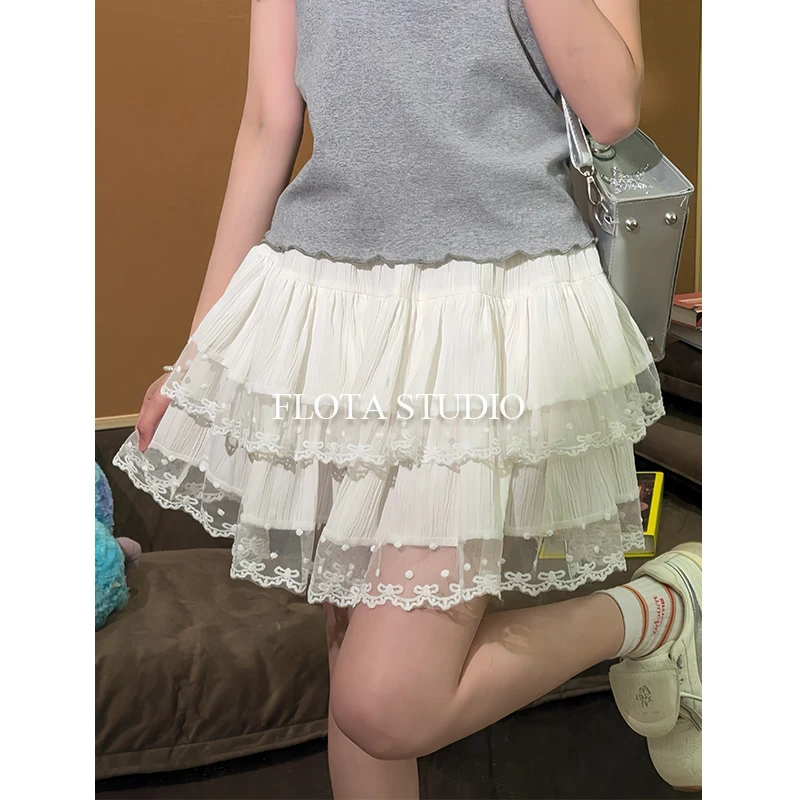 【flota】白色甜美减龄少女感蕾丝拼接蛋糕裙显瘦a字半身短裙0084