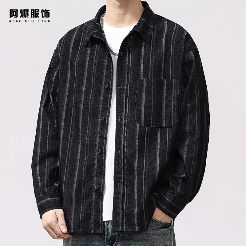 【阿爆服饰】美式复古灯芯绒条纹衬衫男2025春季宽松休闲工装衬衣潮