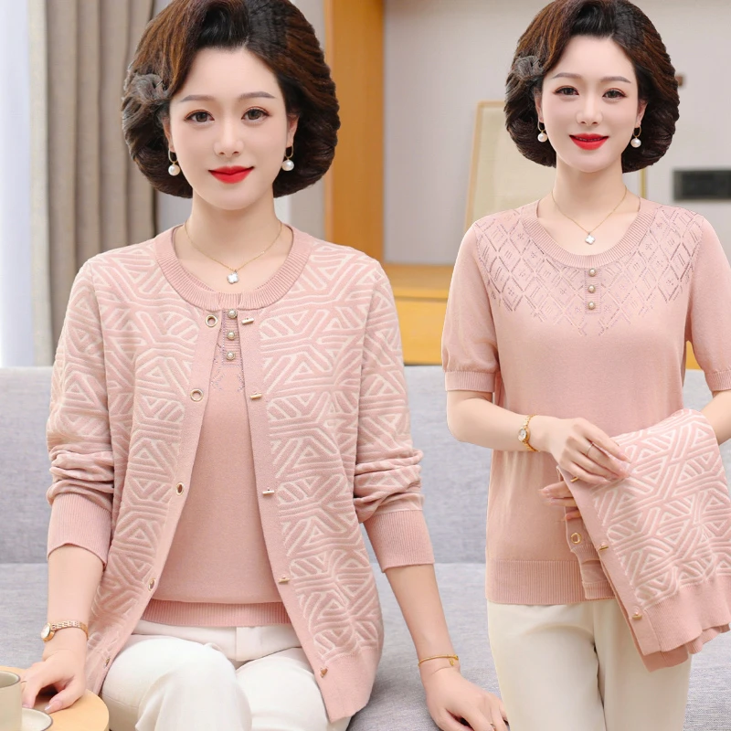 2025新款中老年春秋夏装轻薄针织小开衫妈妈装洋气外套真两件套装