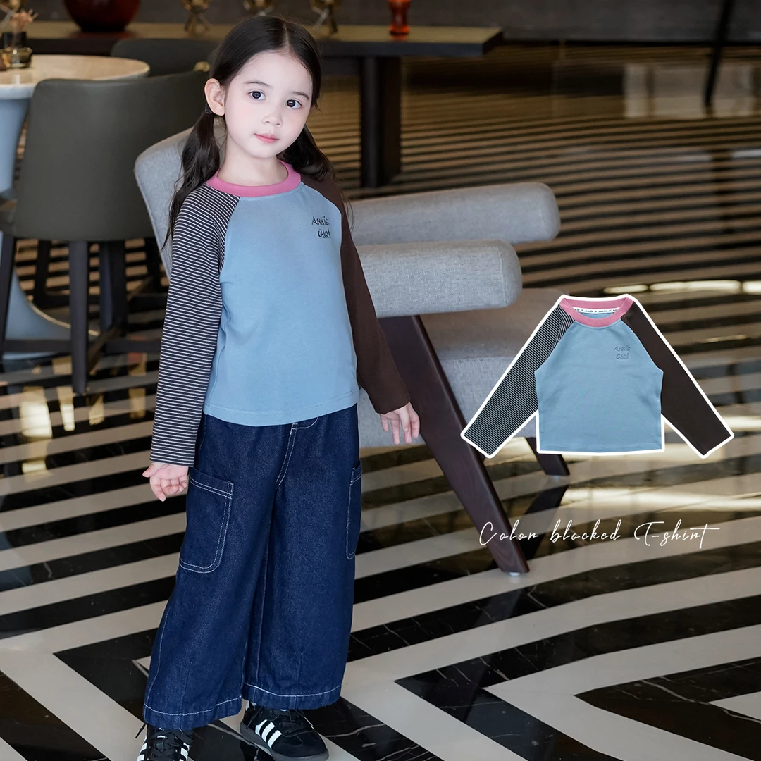 AnnieGirl秋季新款韩版撞色字母刺绣插肩袖长袖T恤女童2025上衣