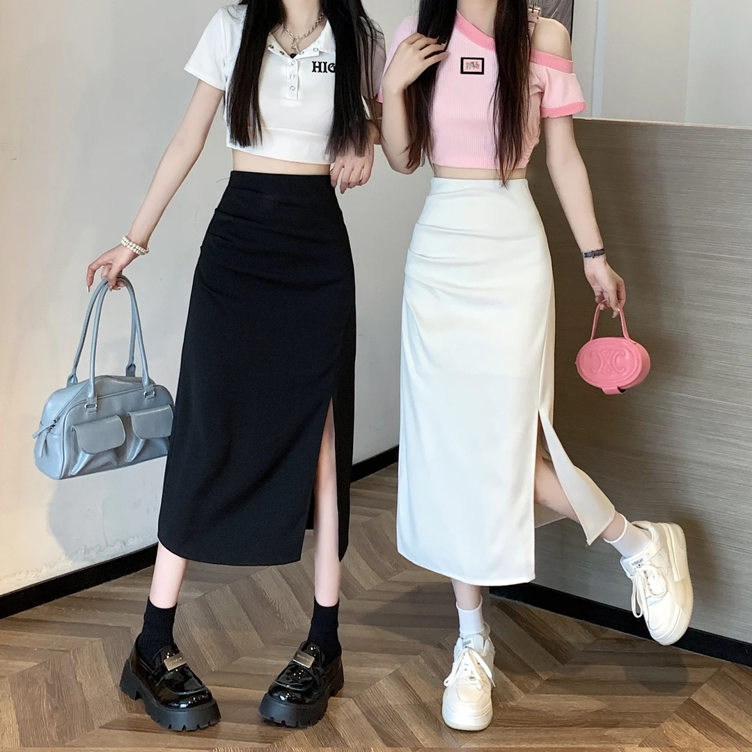 大码设计感开叉半身裙女夏季高腰显瘦a字裙梨形身材胖MM白色裙子