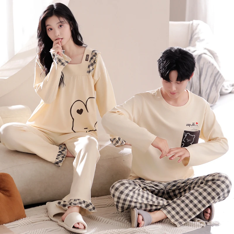 春秋季新款长袖情侣睡衣女带胸垫纯棉长袖长裤韩版家居服全棉套装