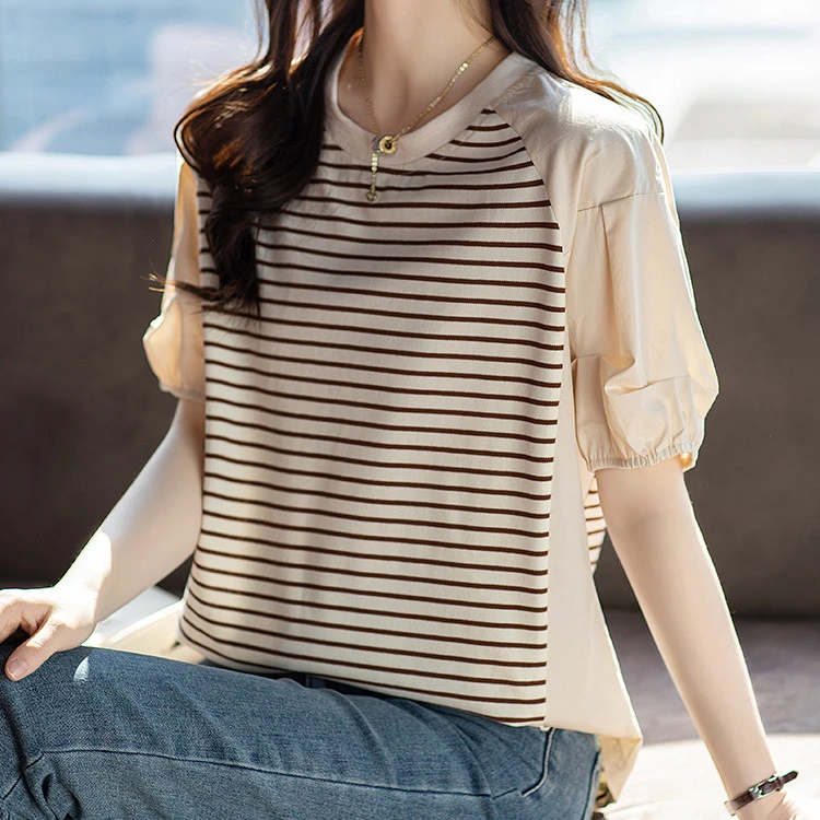 条纹拼接衬衫式t恤女短袖2025夏季新款宽松洋气减龄设计感上衣T恤