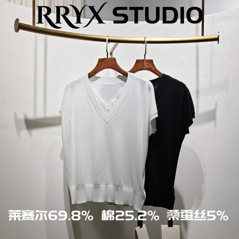 莱赛尔69.8% 棉25.2% 桑蚕丝5% v领短袖纯色蕾丝花边上衣