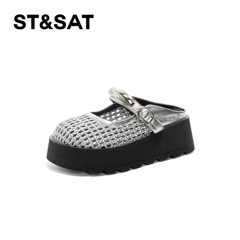 夏季马蹄跟镂空透气圆头增高休闲软底鞋厚底包头拖