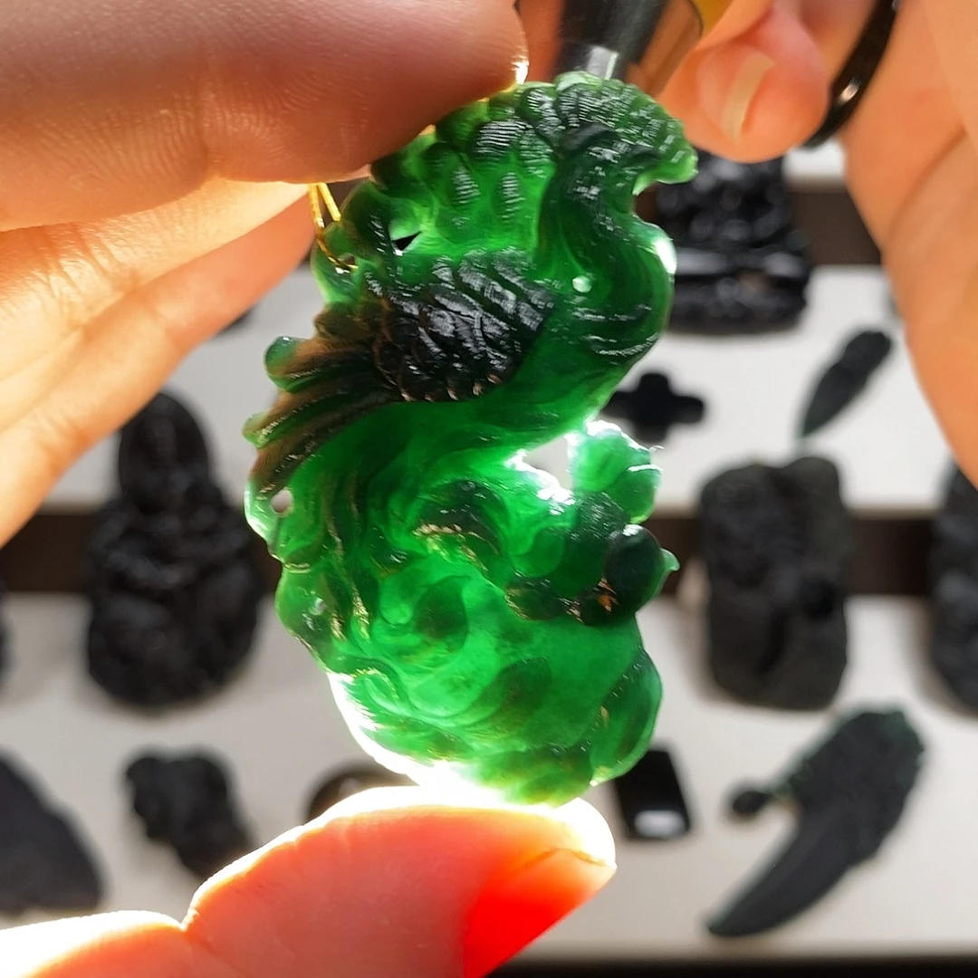 定制翡翠未镶嵌天然缅甸A货墨翠凤凰牡丹