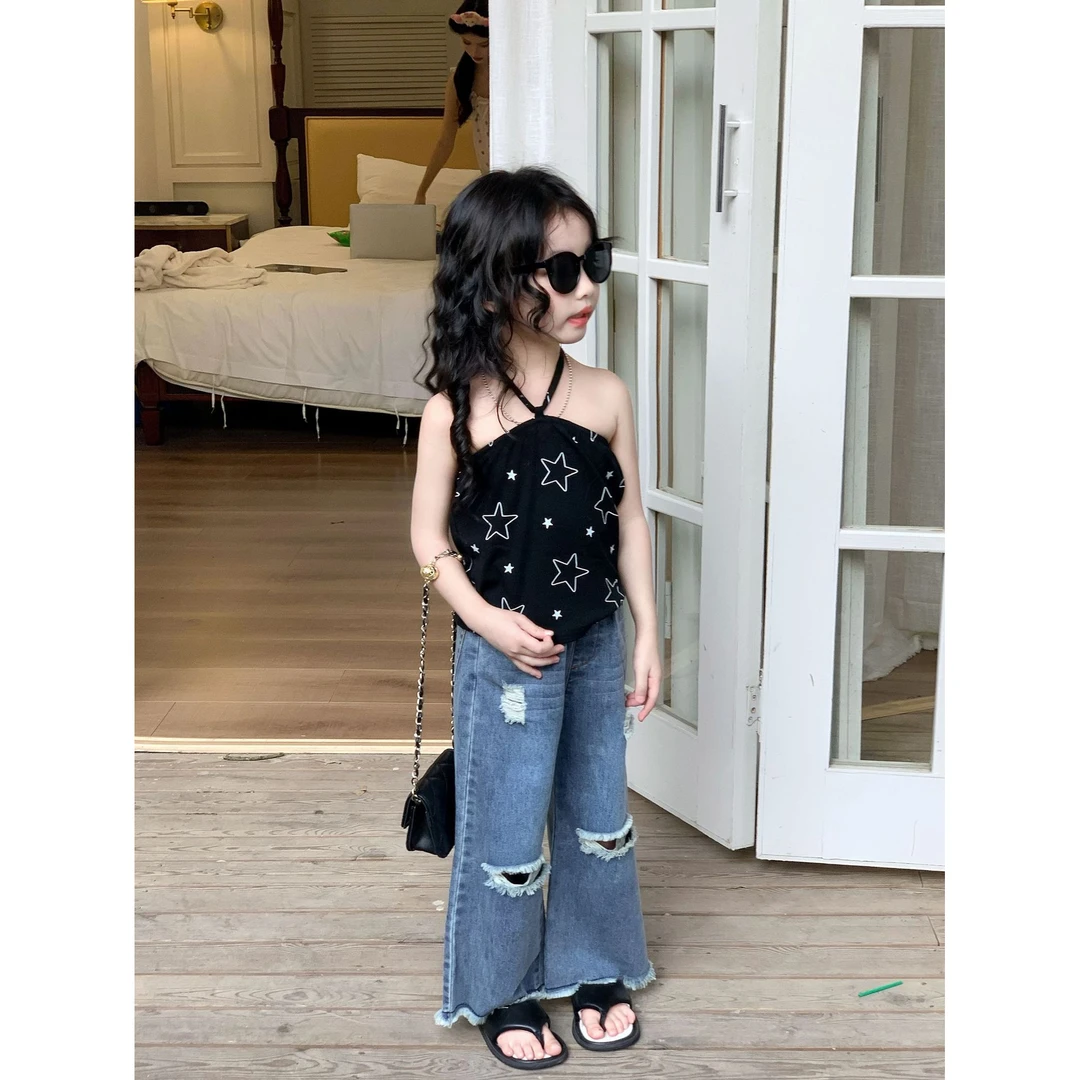 Bmy2025sp 春季新款女童韩版洋气星星印花背心百搭破洞牛仔裤套装