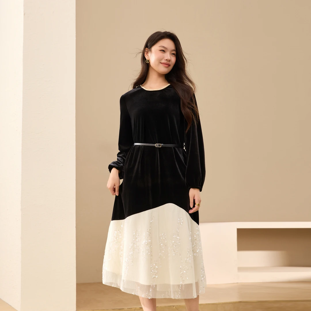 【星空】纤莉秀W大码女装流光风赫本风丝绒拼接连衣裙QK4114