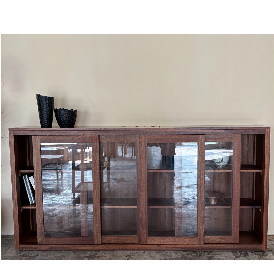 储藏简约自然纹理x置物柜书柜落地办公玻璃门南美柚木展示柜