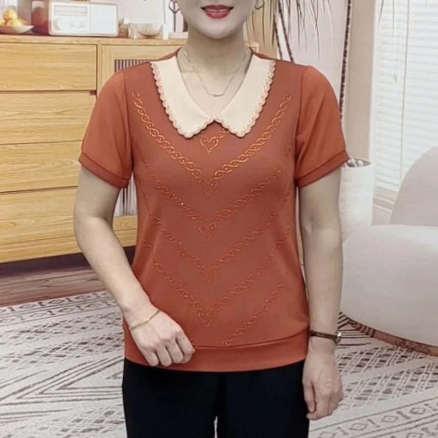 夏季新款时尚V领烫钻中老年气质妈妈装宽松百搭显瘦洋气短袖上衣