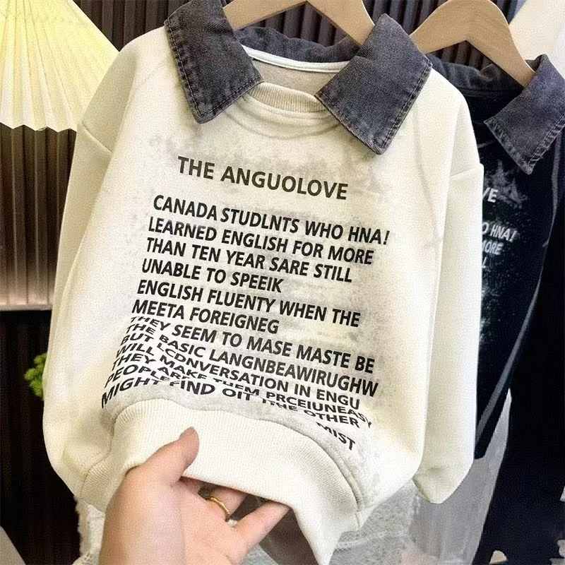 2025新款童装男童儿童冬季上衣百搭牛仔领POLO衫加绒韩版时尚卫衣