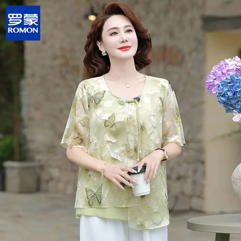 罗蒙妈妈夏装套装新款洋气雪纺衫短袖中老年女装国风上衣服两件套