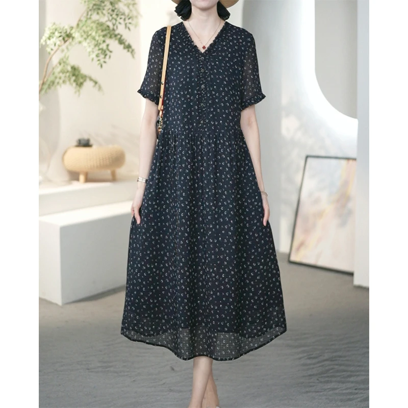 阿吉多A32277法式黑色木耳领碎花连衣裙夏季新款宽松洋气减龄裙子