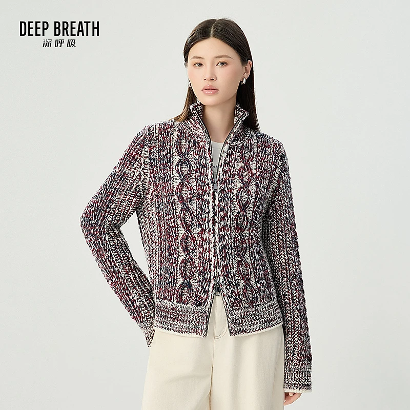 DEEP BREATH深呼吸立领外套绞花拉链造型开衫女装毛针织衫A401337