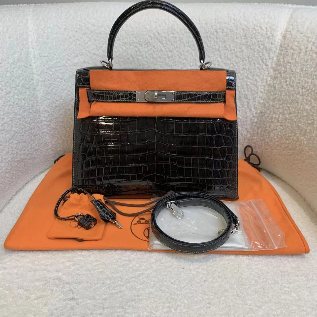 99新 Hermes/爱马仕 壹臻/框I 石墨灰亮面Kelly28手提包/77669361