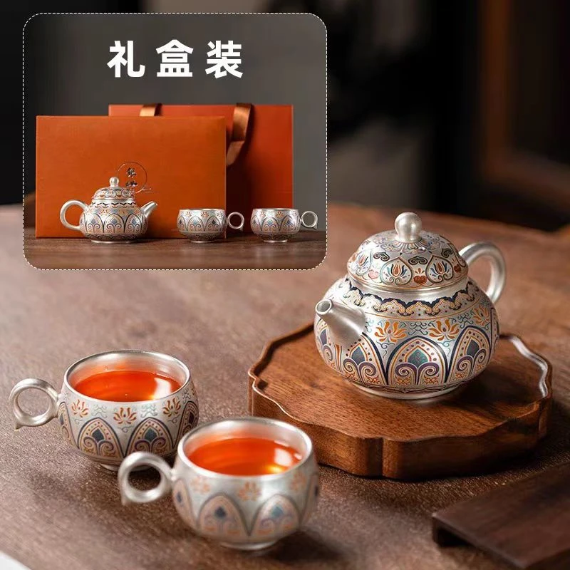 宝相花银壶陶瓷茶具银杯泡茶银错茶壶 1390