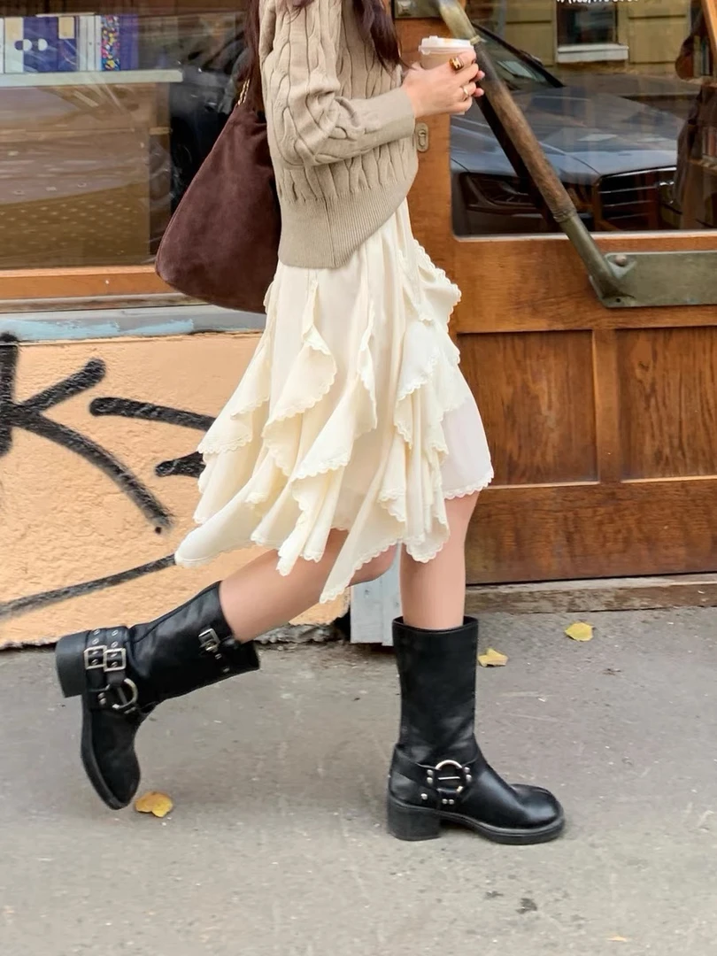 重工设计感不规则花边显瘦百搭半身裙春夏新款时尚蛋糕裙中裙