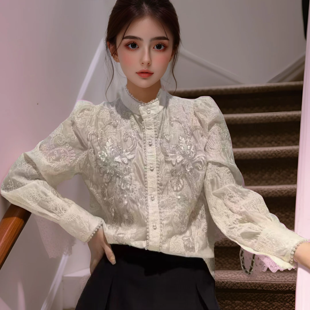 春夏百搭重工网红慵懒风打底蕾丝衬衫长袖小个子气质时尚镂空小衫