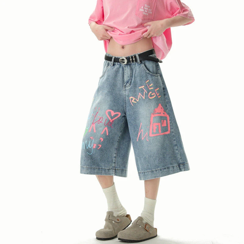 LIGGICC涂鸦牛仔七分裤男夏季美式阔腿裤宽松直筒街头休闲短裤女