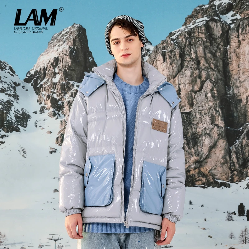 潮牌拼接简约连帽PU皮男潮冬季保暖宽松面包服外套