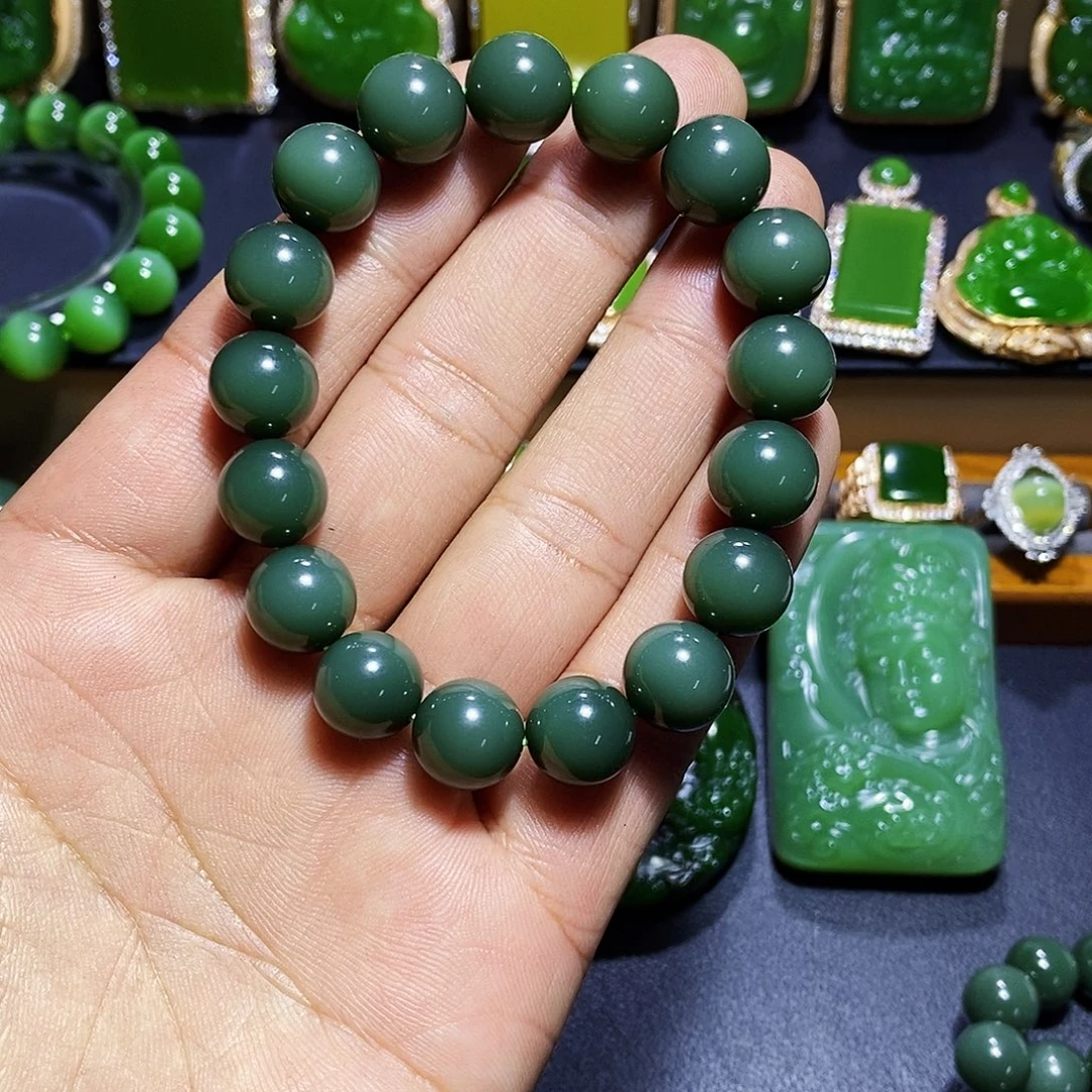A***芥和田玉未镶嵌手串天然俄碧鸭蛋青无瑕无结构41克