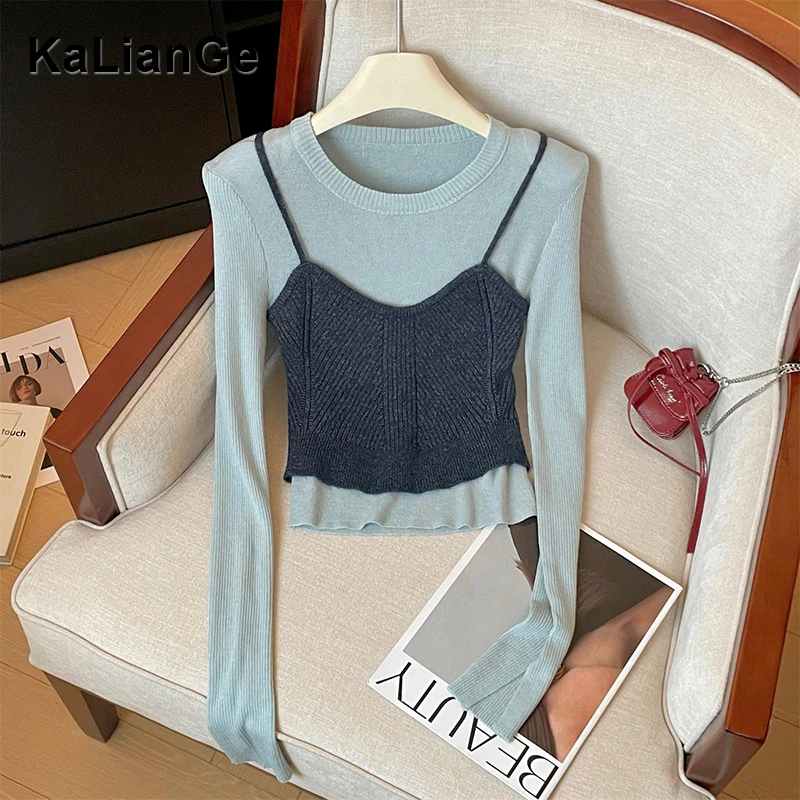 卡莲格/撞色假两件长袖针织衫T恤女早秋新款胖mm气质显瘦外穿上衣