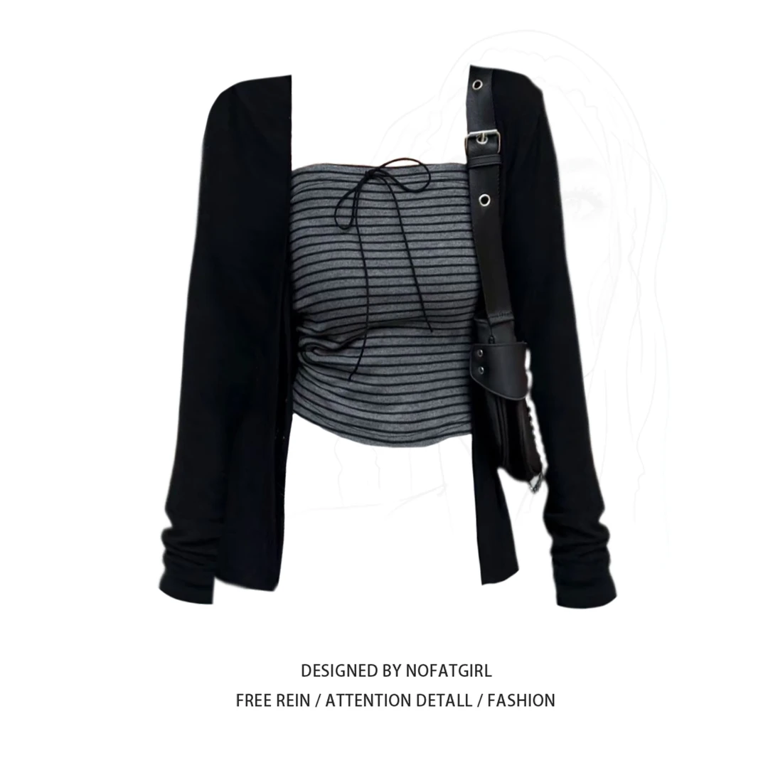 大码胖妹妹甜辣妹绑带设计防晒短款小开衫+条纹抹胸吊带叠穿套装